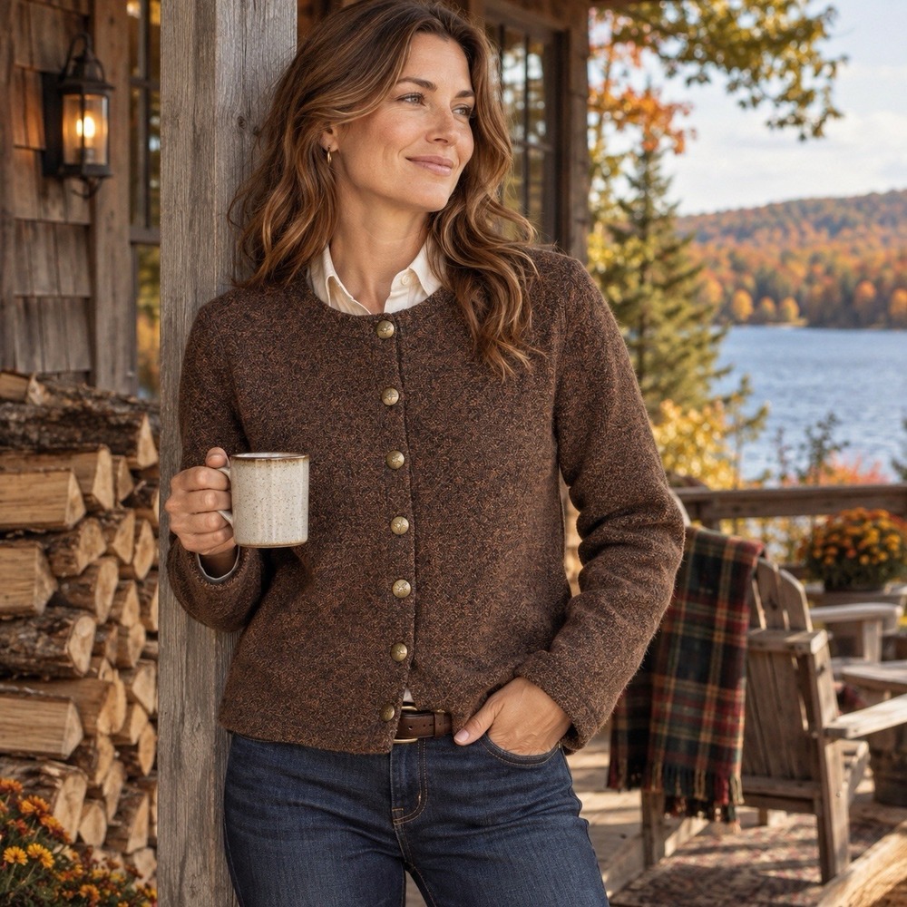 LL Bean Womens Brown Marled Fleece Cardigan Jacket Button Front M Cabin-Core